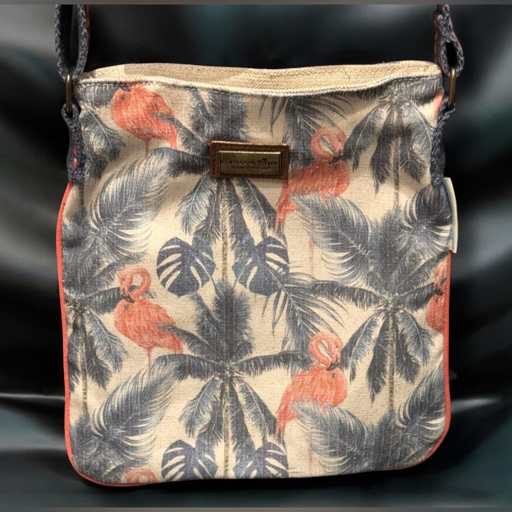 Caribbean Joe Flamingo Floral Print Crossbody Bag 11x10in like new - Picture 3 of 11